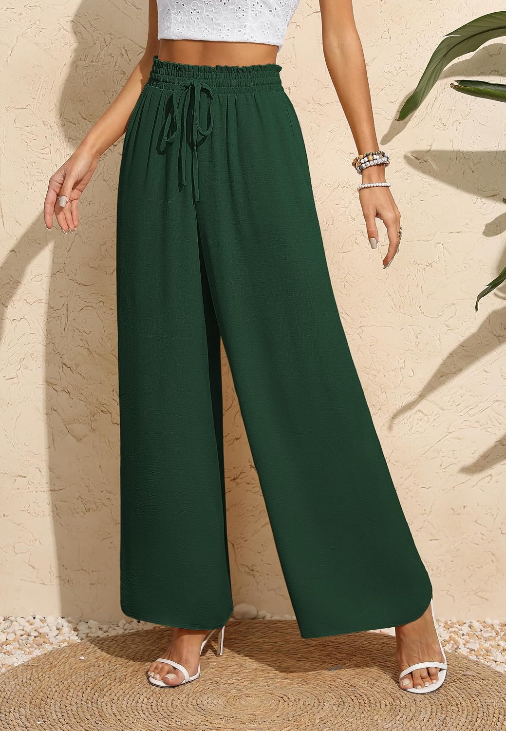 Detalle de BEIGAI Damen Palazzo-Hose mit hoher Taille, Taschen und weitem Bein – bequem & dehnbar für Lounge, Alltag und Freizeit