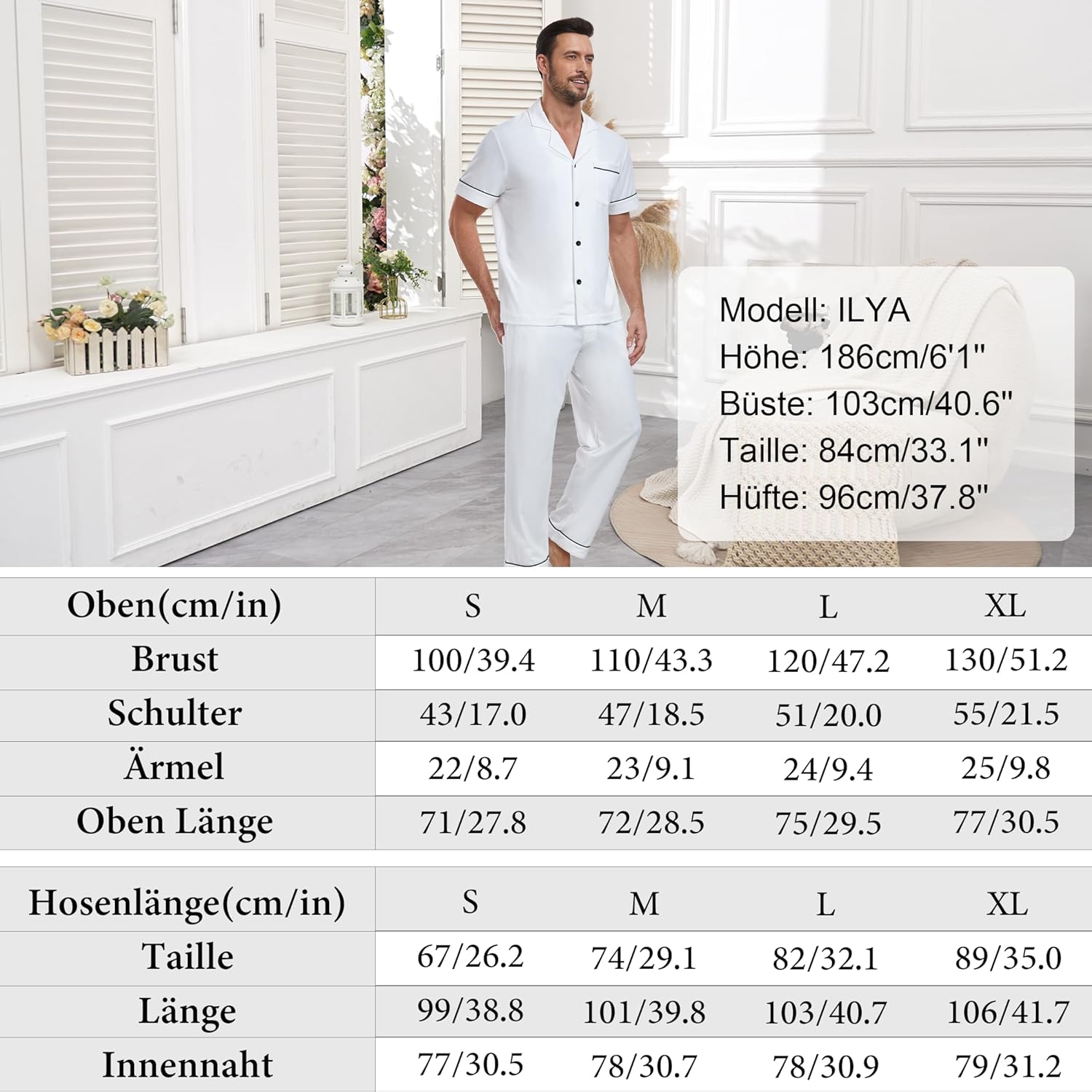 Thumbnail 6 de EA'S SECRET Herren Schlafanzug Set aus 100% Baumwolle – Kurzarm Hemd & Lange Hose, Knopfverschluss, Taschen, Größe S–XXL