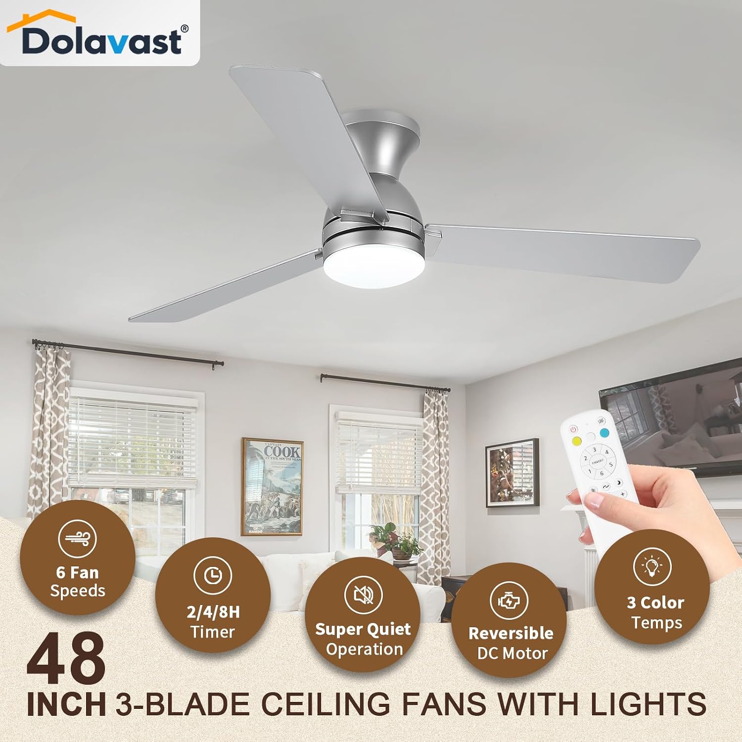 Thumbnail 1 de Dolavast 48-Inch Low-Profile Ceiling Fan with Dimmable LED and Remote