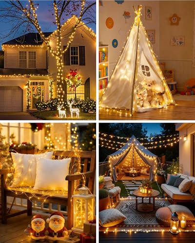 Detalle de Tacobey 2 Pack Guirnaldas Luces Exterior Solar, 20M, 200 LED – 8 Modos, Temporizador y Cables de Cobre (Blanco Cálido)