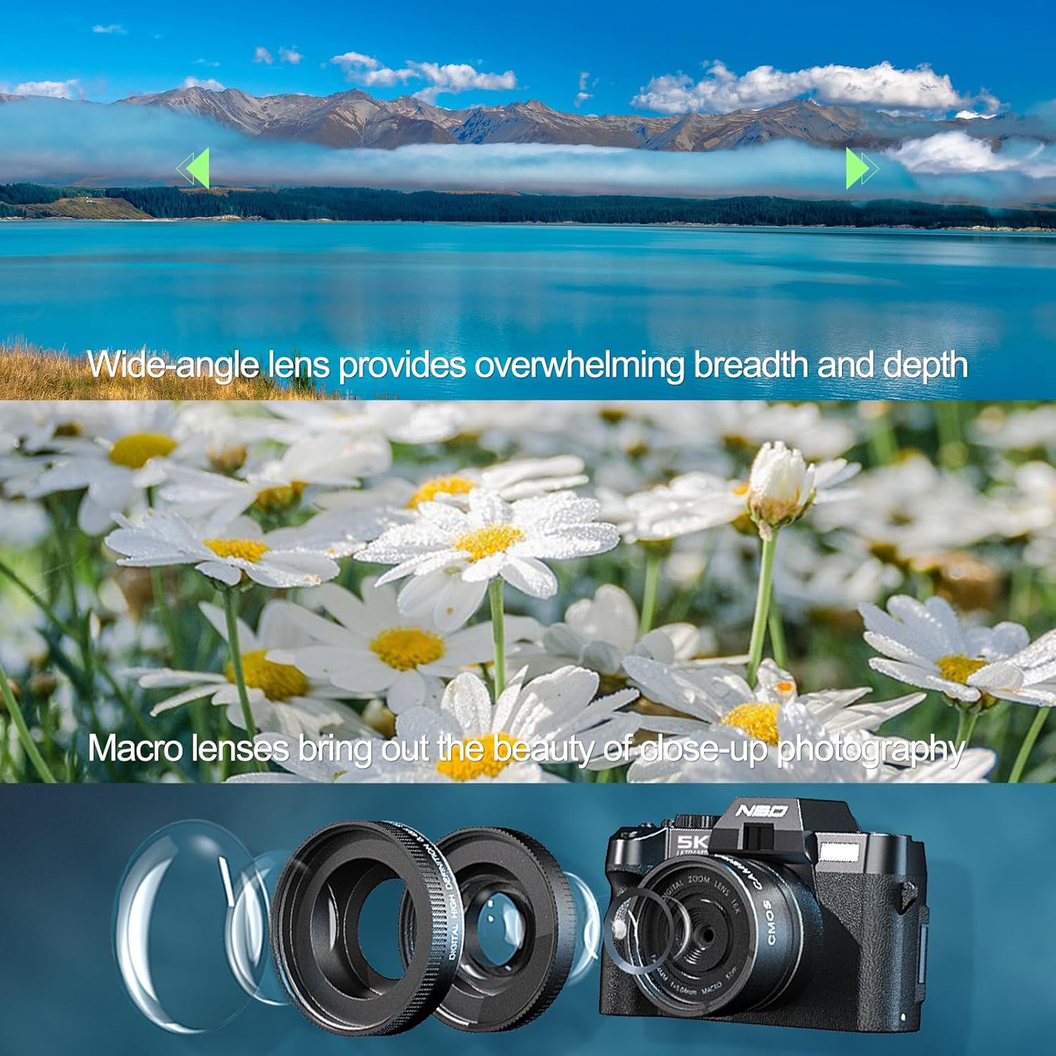 Thumbnail 1 de NBD 5K 64MP Digital Camera for Photography – 16x Zoom, 52mm Wide‑Angle + Macro Lenses, WiFi & App Control