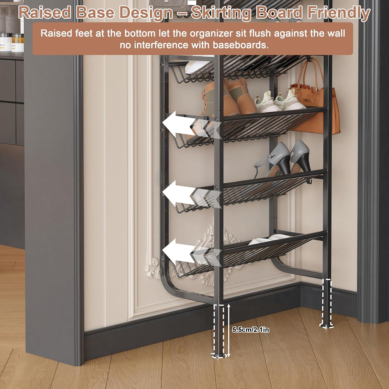 Detalle 2 de Ornestia 70554-9BK 9-Tier Narrow Shoe Rack with 12 Hooks, Black