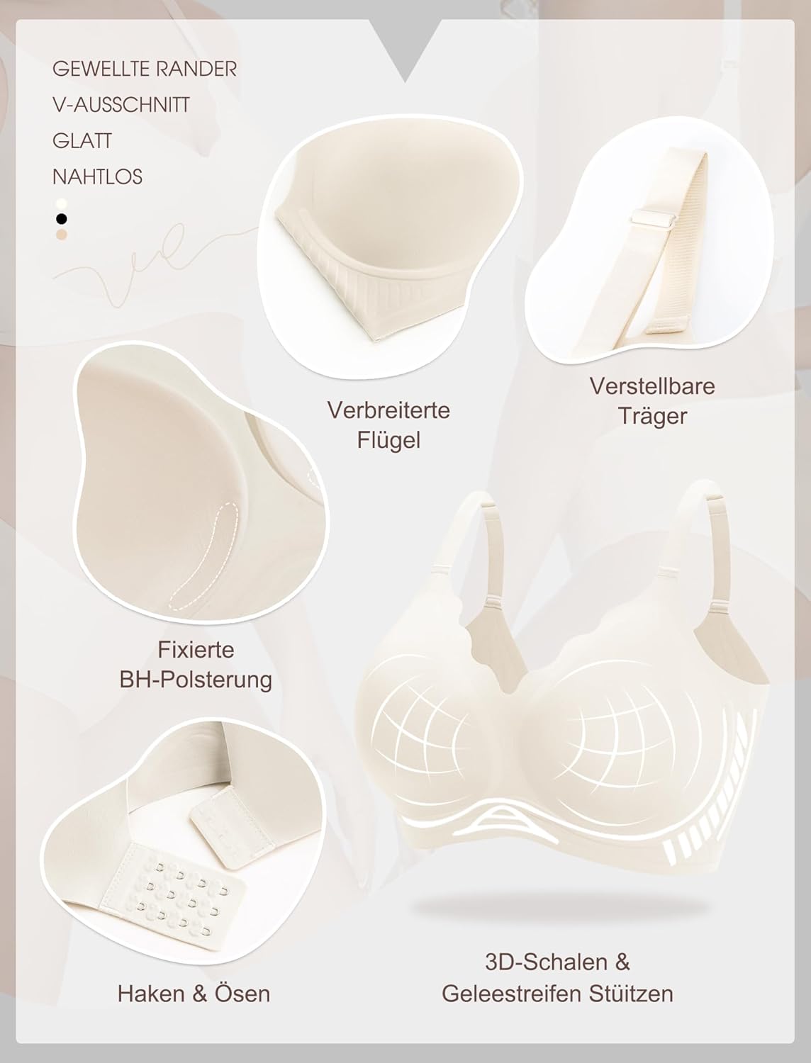 Detalle 2 de Vtelor nahtloser Bügelloser BH für Damen mit Push-up & V-Ausschnitt (T-Shirt-, Schlaf- und Bustier-BH)