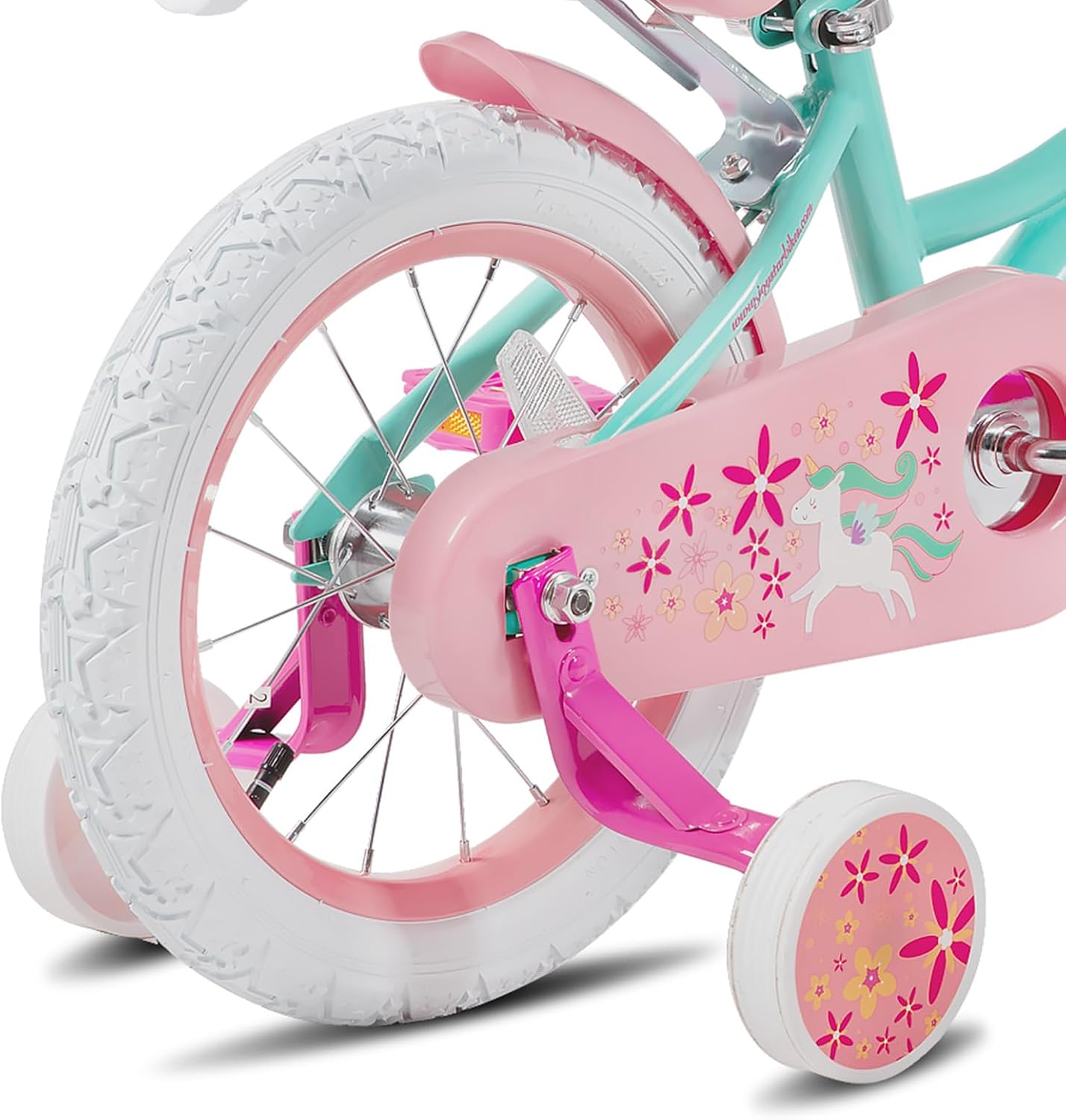 Detalle 2 de JOYSTAR Unicorn Kids Bike for Girls (12–18 inch) with Training Wheels, Doll Seat, and Accessories