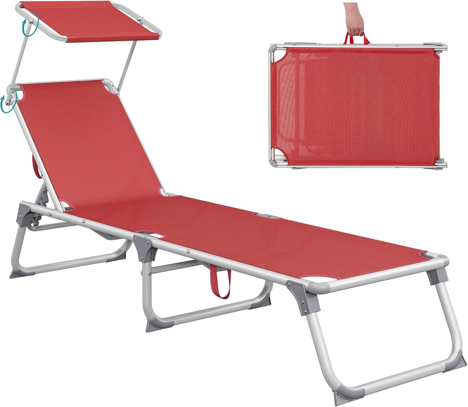 Detalle de SONGMICS Bain de Soleil pliable GCB19RD : transat rouge avec pare-soleil et dossier inclinable