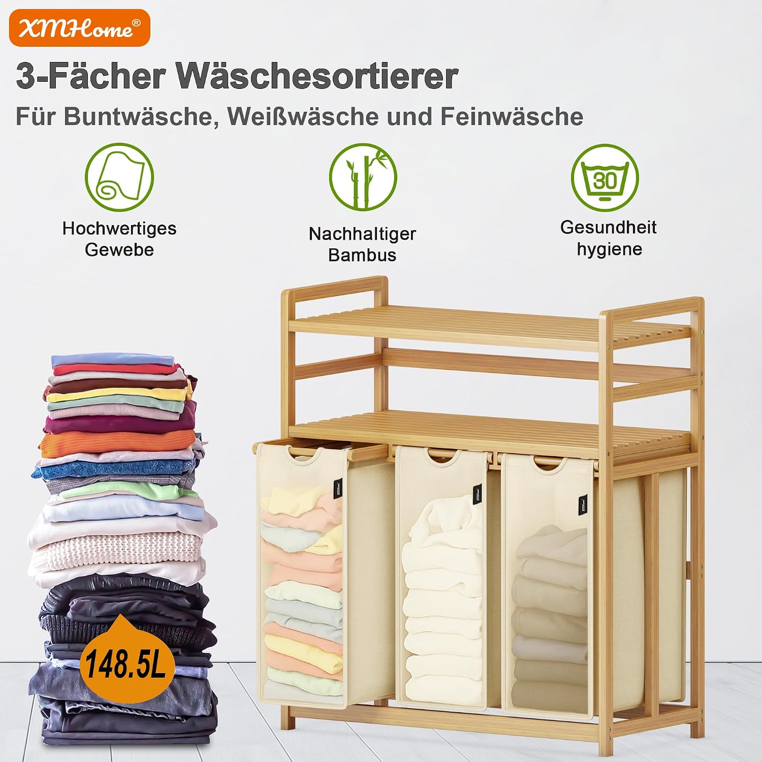 Thumbnail 1 de XMHome Wäschesammler 3 Fächer 149 L Beige