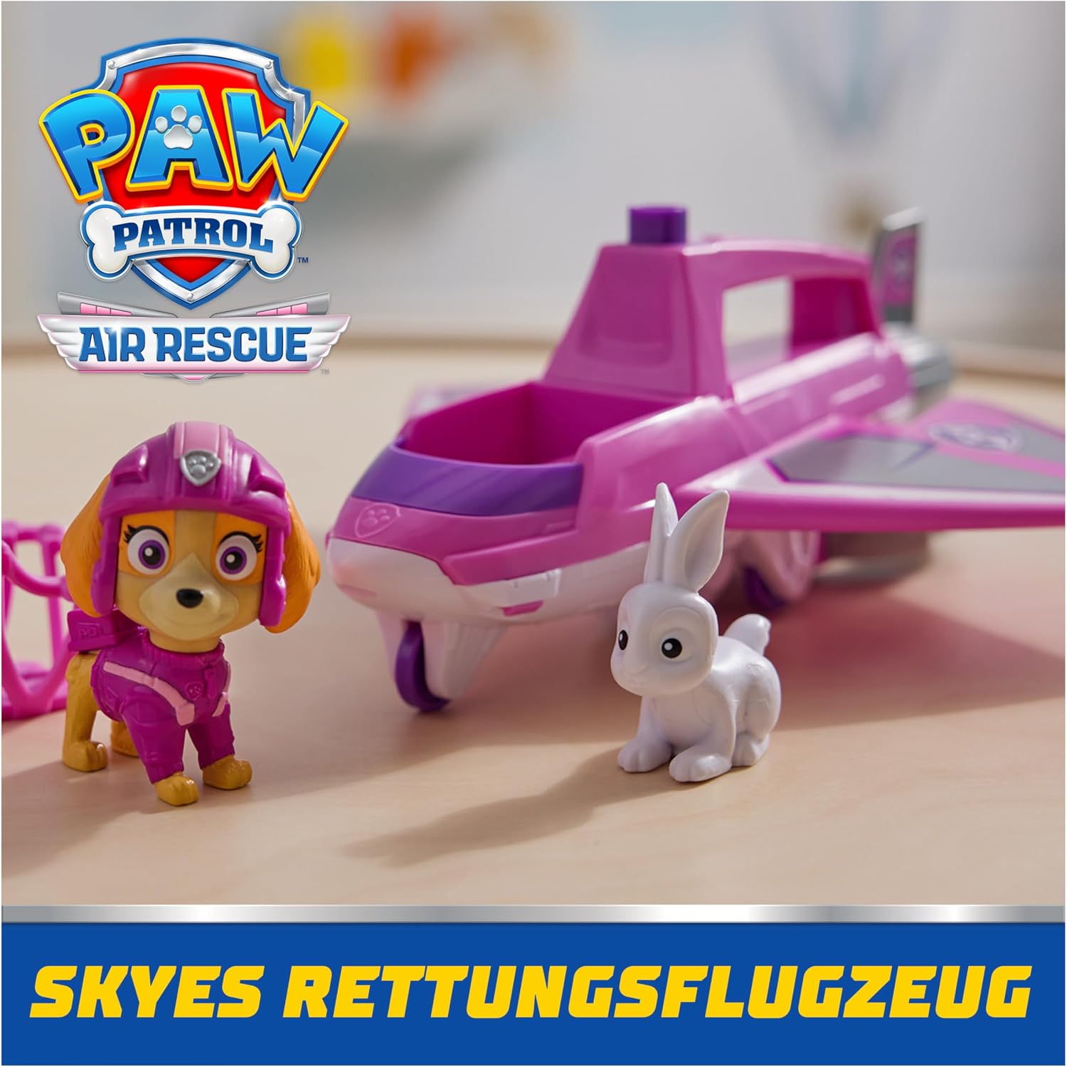 Detalle 2 de PAW Patrol Air Rescue Skyes Rettungsflugzeug – Basisfahrzeug mit einziehbarer Klaue, Rettungskorb, Skye- und Hasenfigur