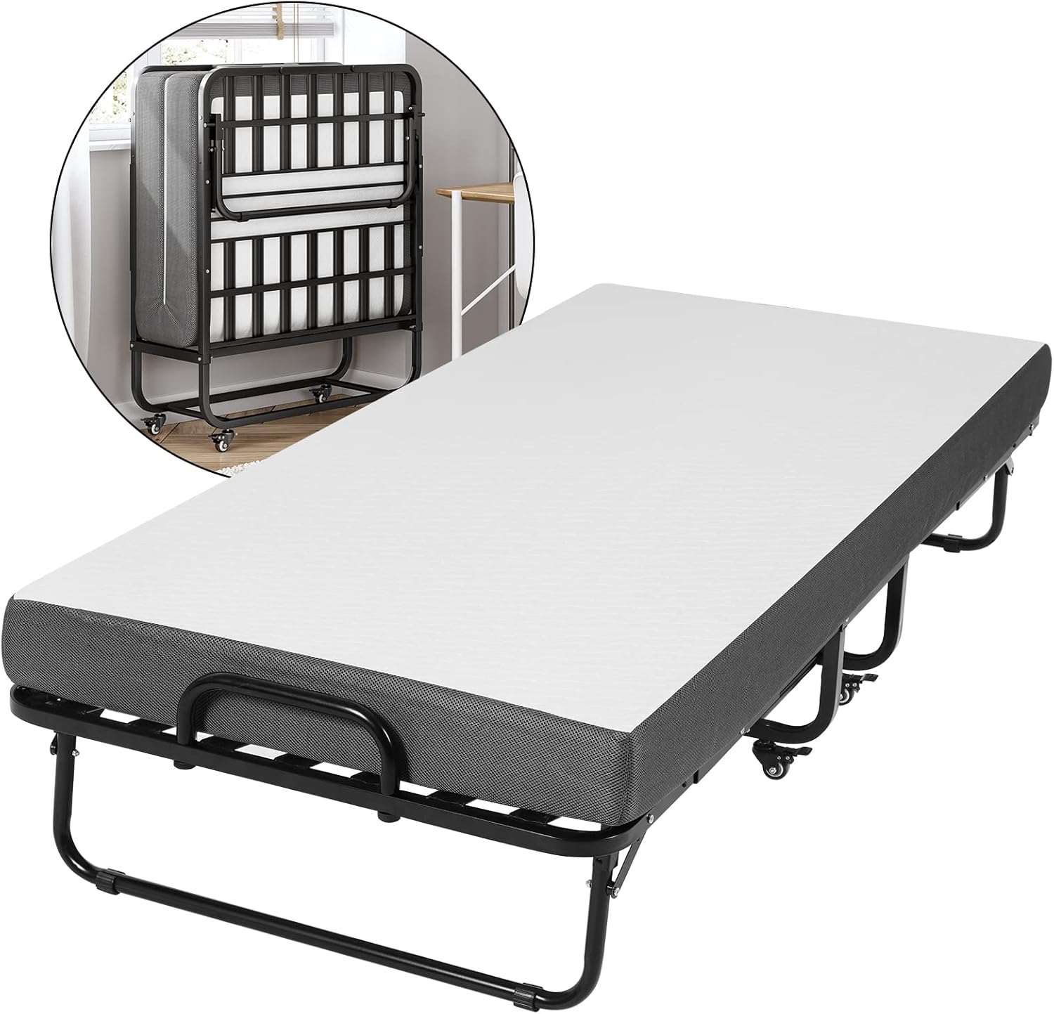 Detalle 2 de DICTAC letto pieghevole singolo con materasso 90x200 cm e materasso memory foam da 13 cm, struttura in metallo con ruote (fino a 200 kg) nero