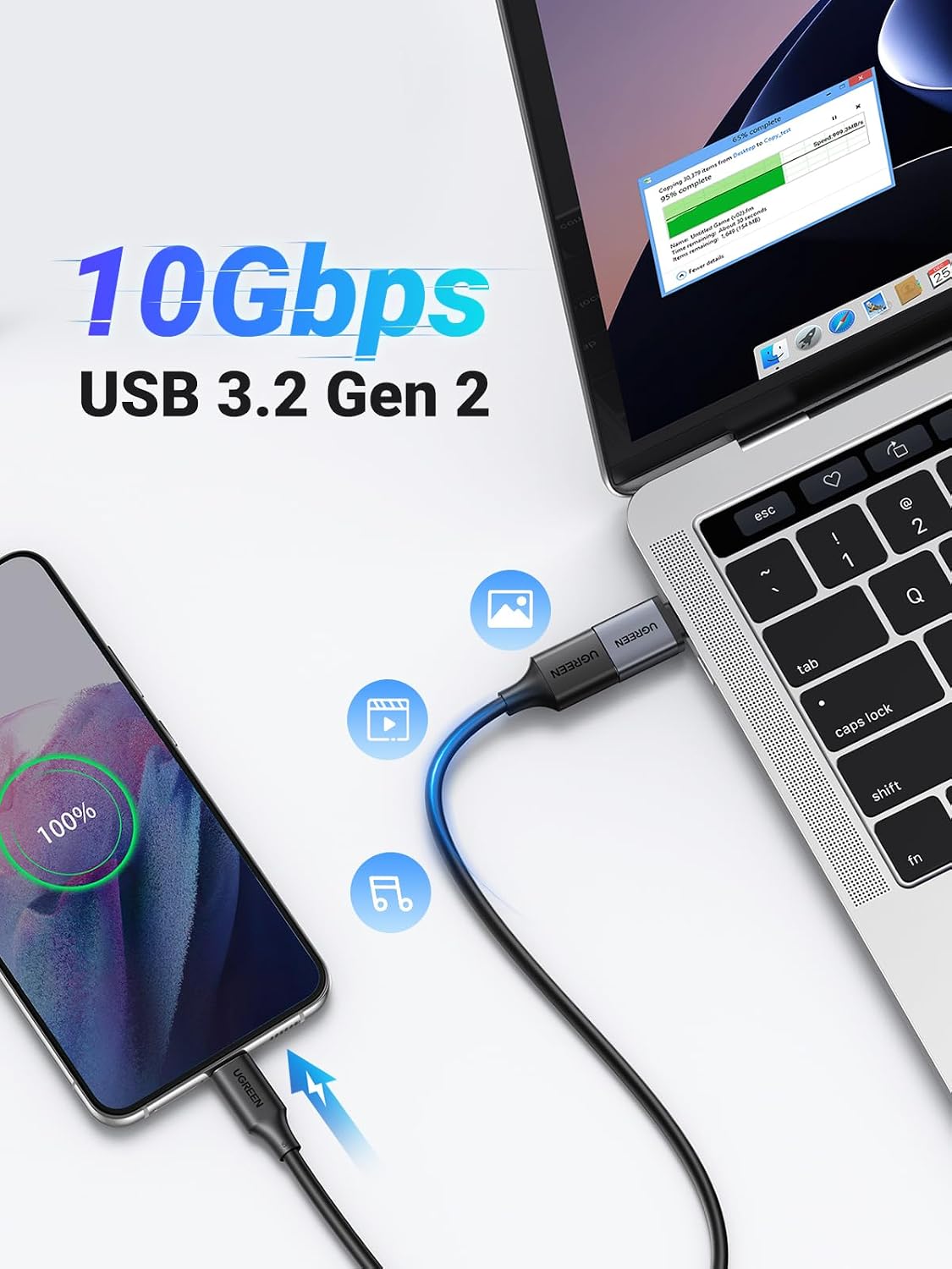 Detalle de UGREEN USB to USB-C Adapter, 10Gbps Data Transfer, Black Aluminium
