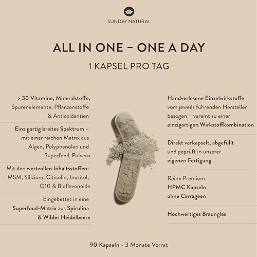 Detalle 2 de SUNDAY NATURAL Multivitamin Komplex All in One – vegane Kapseln mit über 30 Nährstoffen