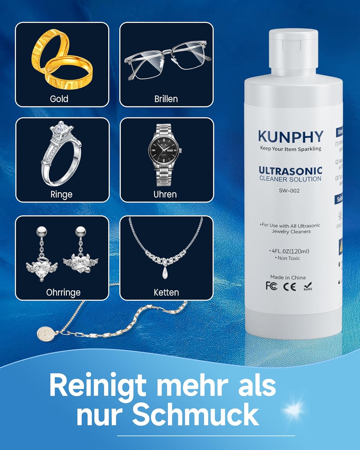 Detalle de KUNPHY Ultraschallreiniger Konzentrat (120 ml) für Schmuck, Brillen, Silber und Uhren