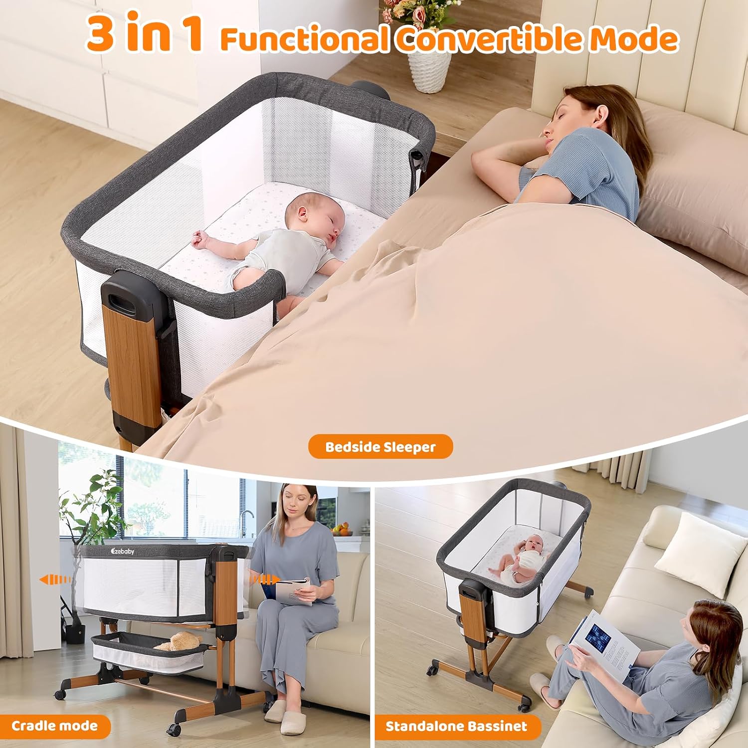 Detalle de Ezebaby OD-B6 3-in-1 Baby Bassinet with Rocking Mode, Mesh Sides and Wheels