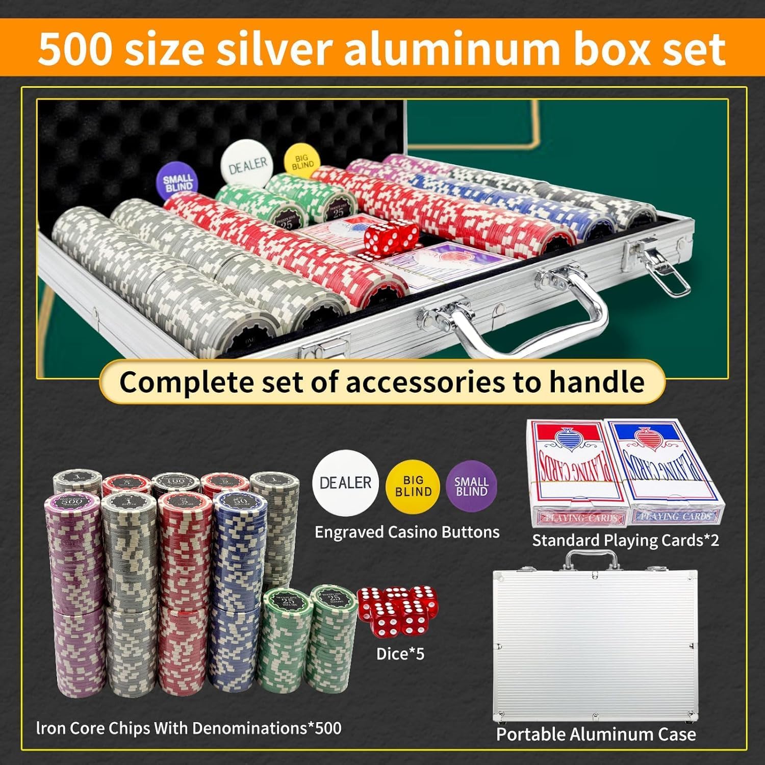 Detalle de 500 Chips Professional Poker Chip Set with Aluminum Case – 11.5g Clay Composite, 2 Decks, 5 Dice, and Dealer Button