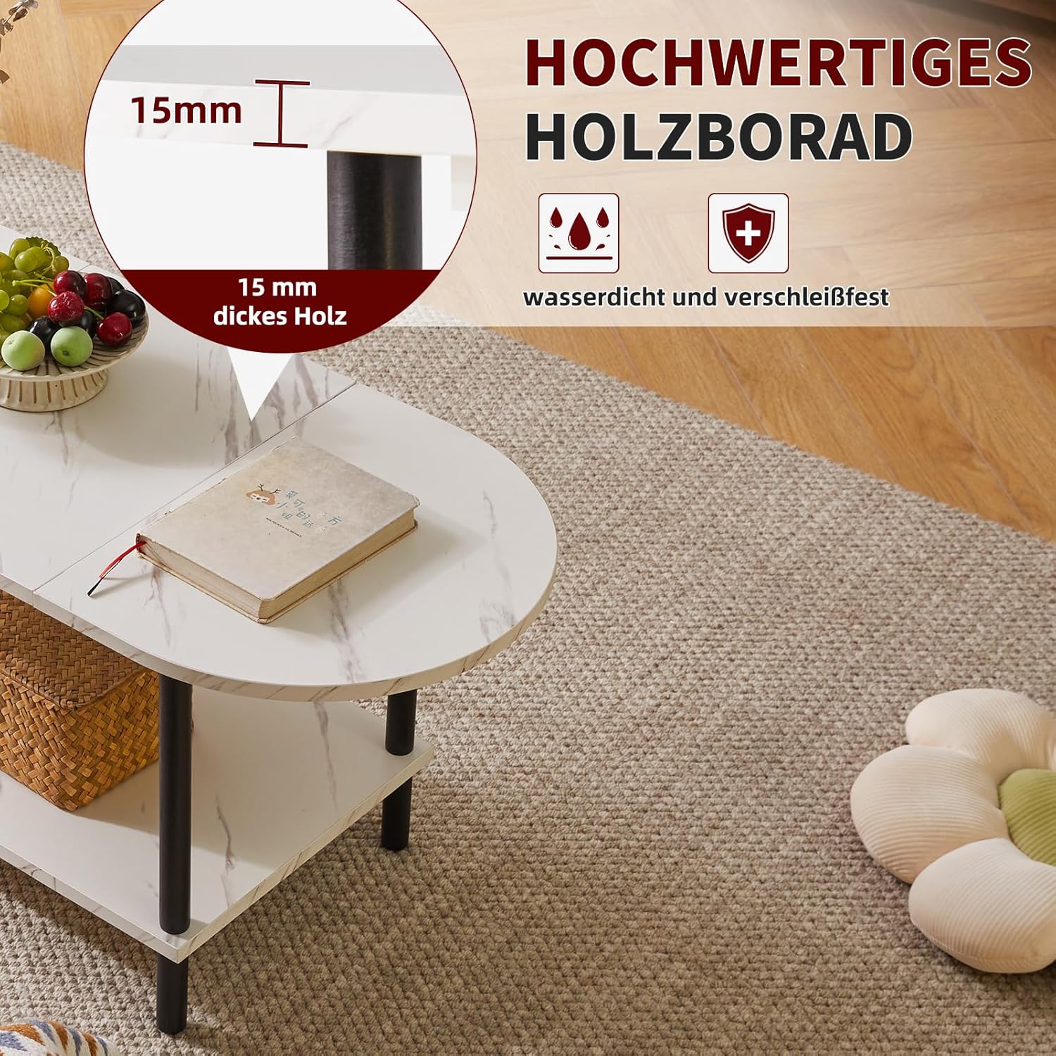Thumbnail 3 de Aibiju Couchtisch YD-011M – kleiner Wohnzimmertisch mit ovaler Platte, 2-stufigem Stauraum und Holzbeinen