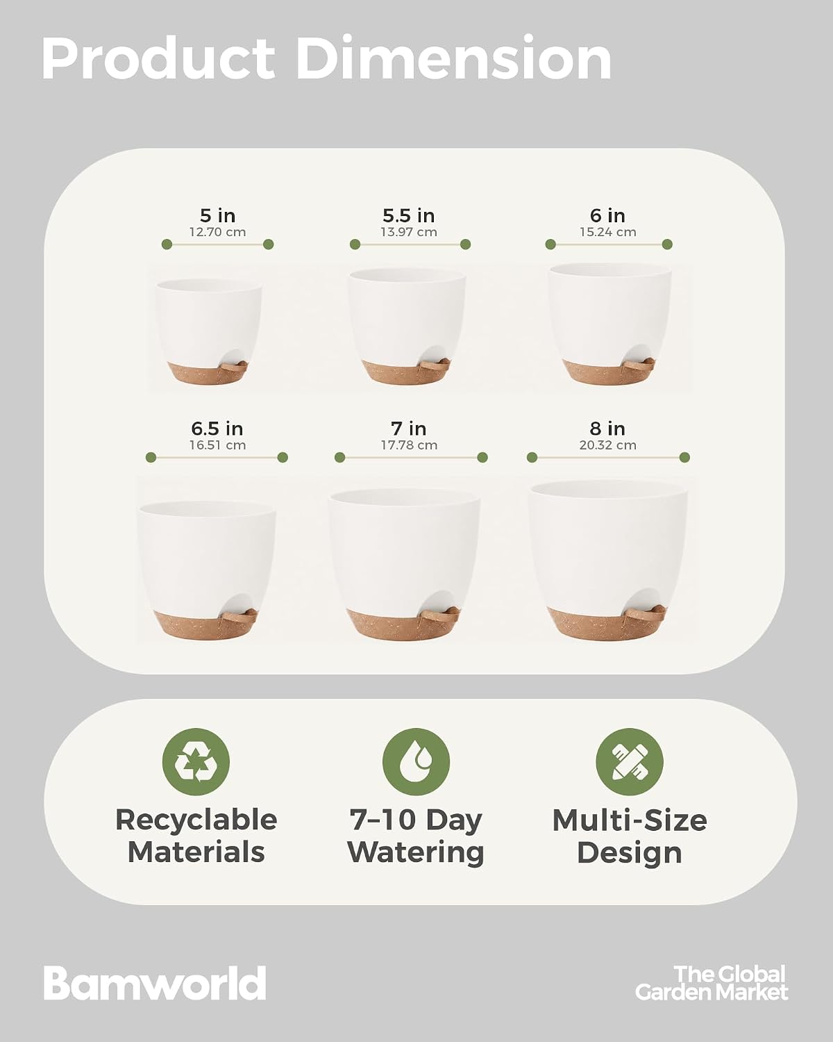 Detalle de Bamworld Vaso per Piante da Interno con drenaggio Bianco – Set autoirrigante 6 pezzi