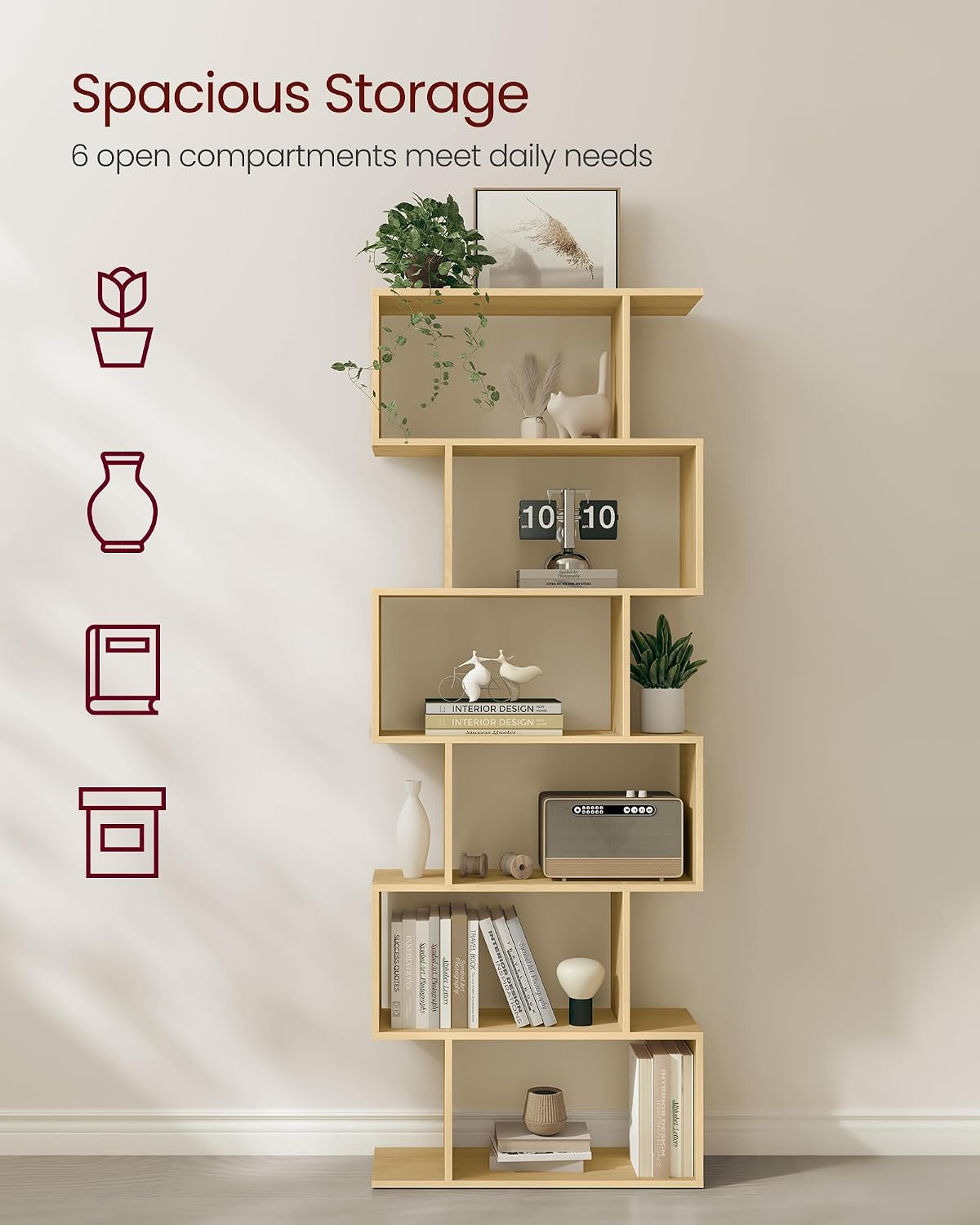 Detalle 2 de VASAGLE LBC061T70 6-Tier S-Shaped Bookcase, Natural Oak