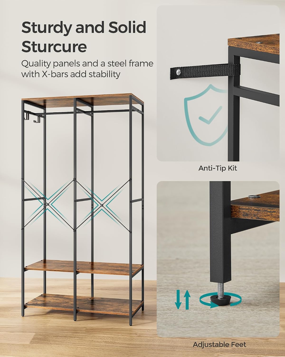 Detalle 1 de SONGMICS BLOCHIC RGR004B01 Clothes Rail with Shelves, X-Bar Support