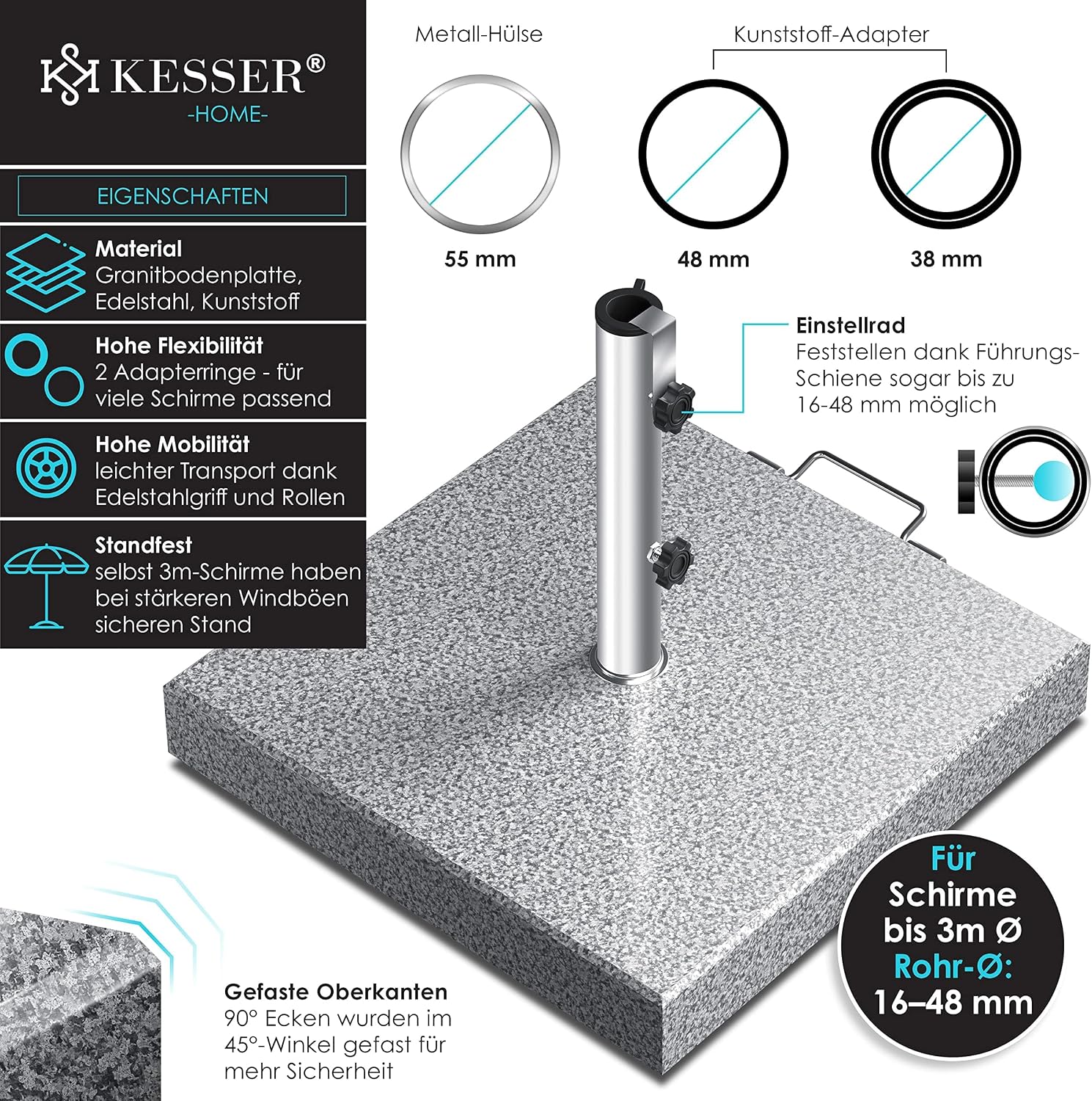 Thumbnail 1 de KESSER Granit-Sonnenschirmständer mit Edelstahlrohr – quadratischer Sockel (30 kg) für Schirmstöcke 16–48 mm, inkl. Transportgriff, grau