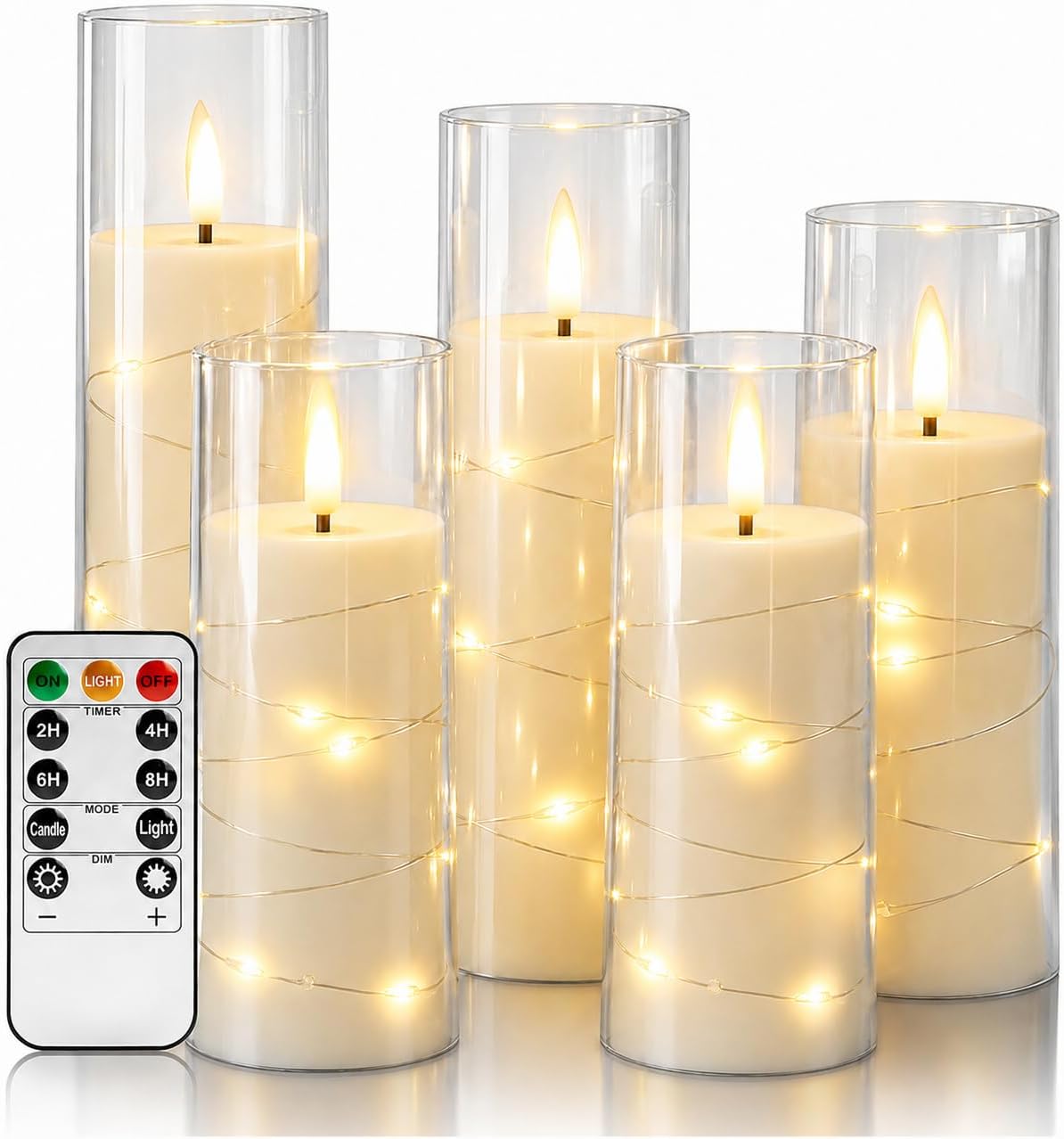 Detalle de Da by 5 Candele LED Avorio con Luci Fatate – 5 pezzi con telecomando, vetro trasparente e fiamma tremolante