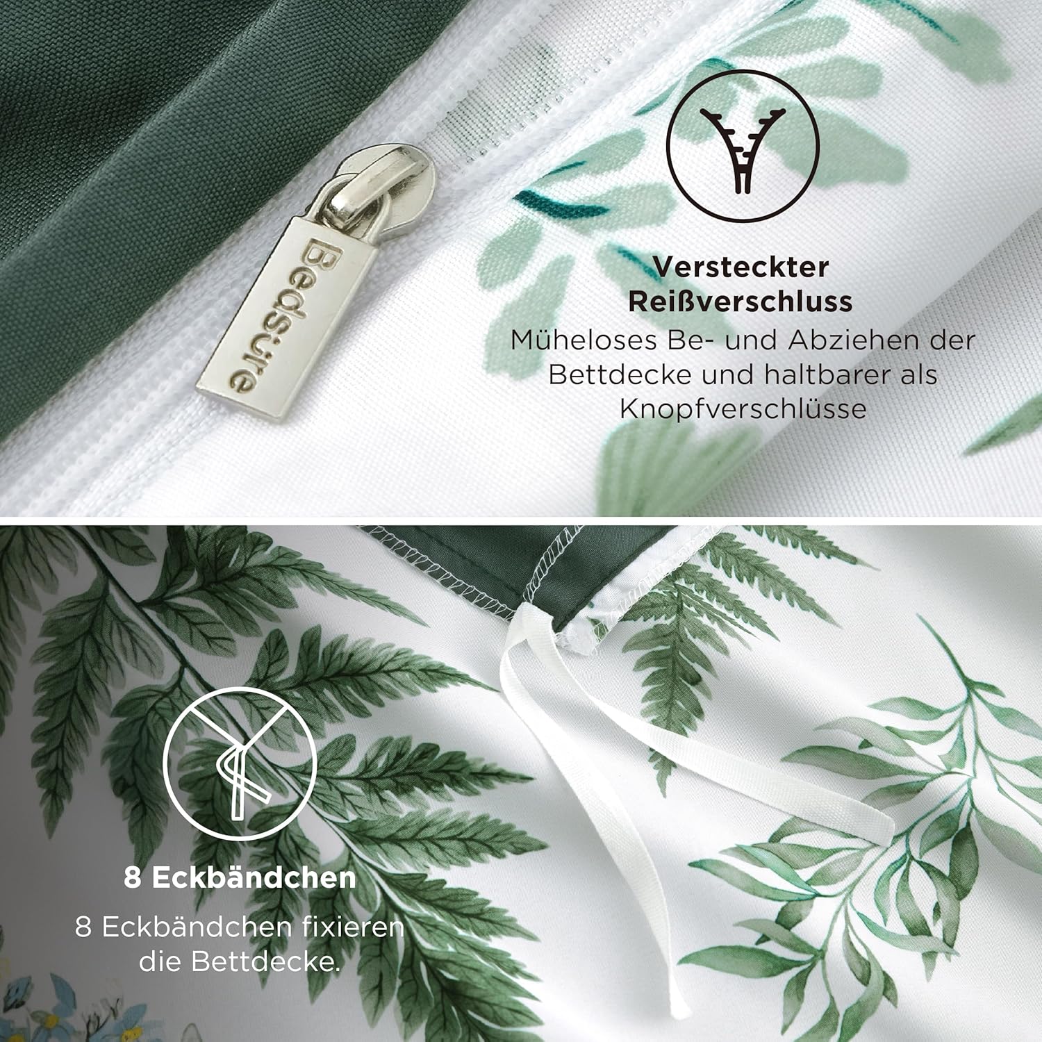 Thumbnail 4 de BEDSURE Wendebettwäsche 135x200 (4-teilig) mit Reißverschluss – botanisches Muster Grün