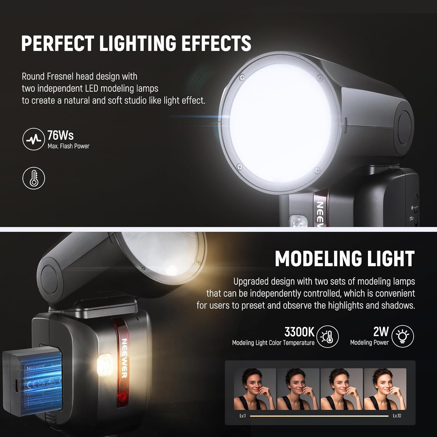 Detalle de NEEWER Z2-C Flash Speedlite TTL tête ronde 2,4G compatible Canon, HSS 1/8000s, TCM TTL/M
