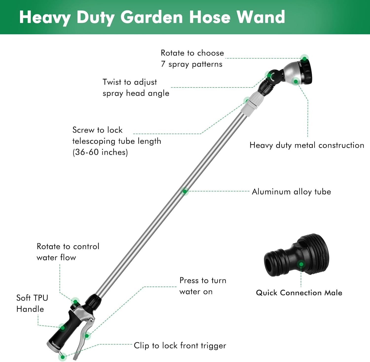 Thumbnail 2 de RESTMO 91–152 cm telescopic metal watering wand with 180° ratcheting head and 7 spray patterns