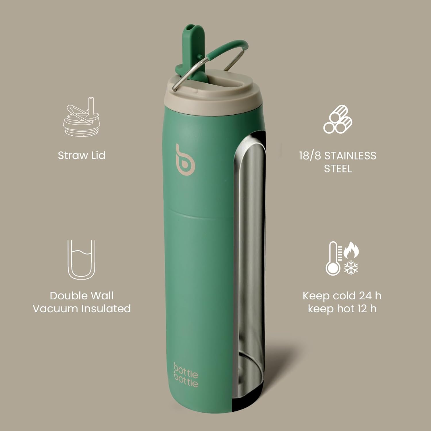 Thumbnail 1 de BOTTLE BOTTLE Isolierte Wasserflasche 946 ml – Edelstahl, doppelwandig, auslaufsicher mit Strohhalm-Griff (Grün)
