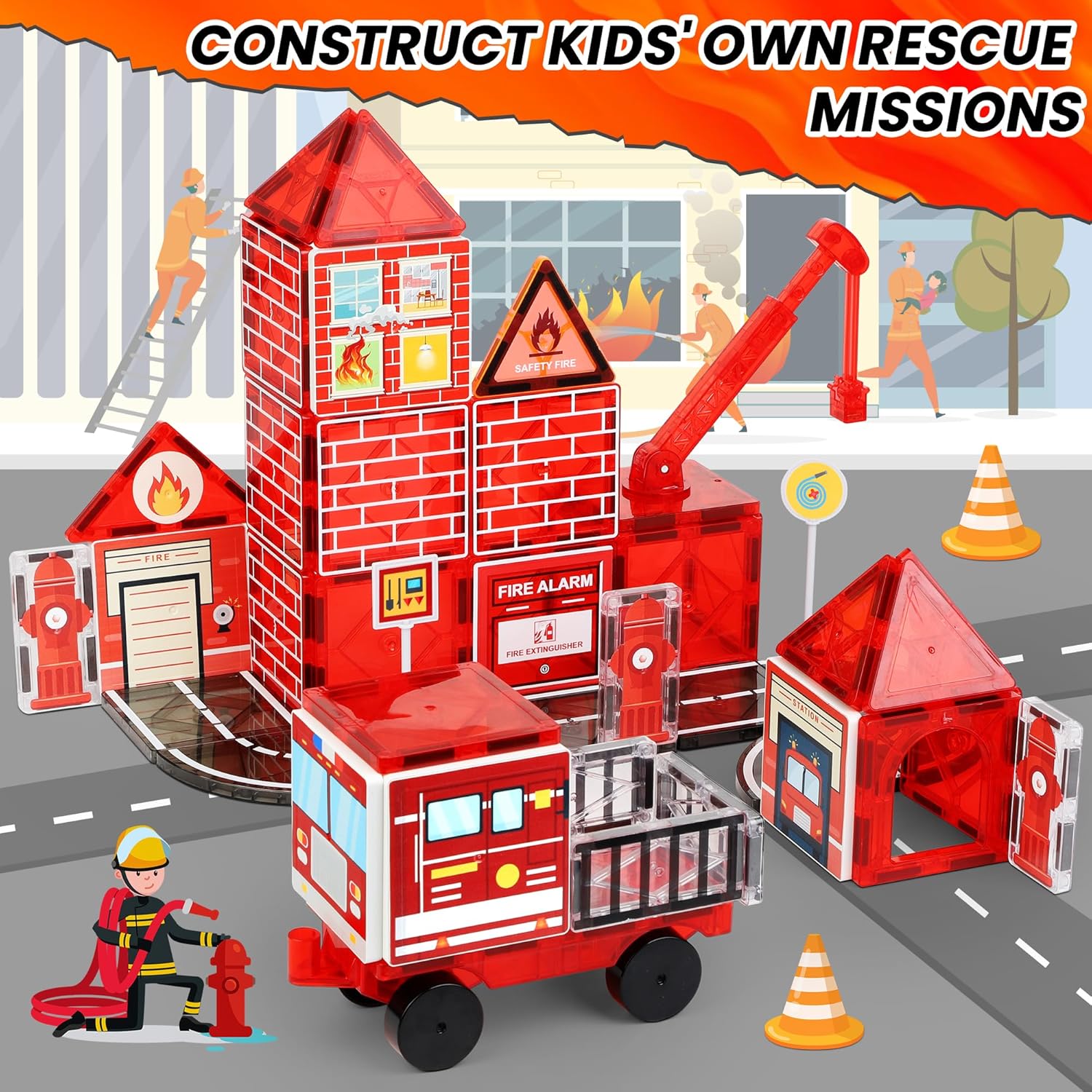 Detalle de Magnetic Tiles Road Set with Fire Truck — Creative STEM Building Toys for 3–12 Year Olds