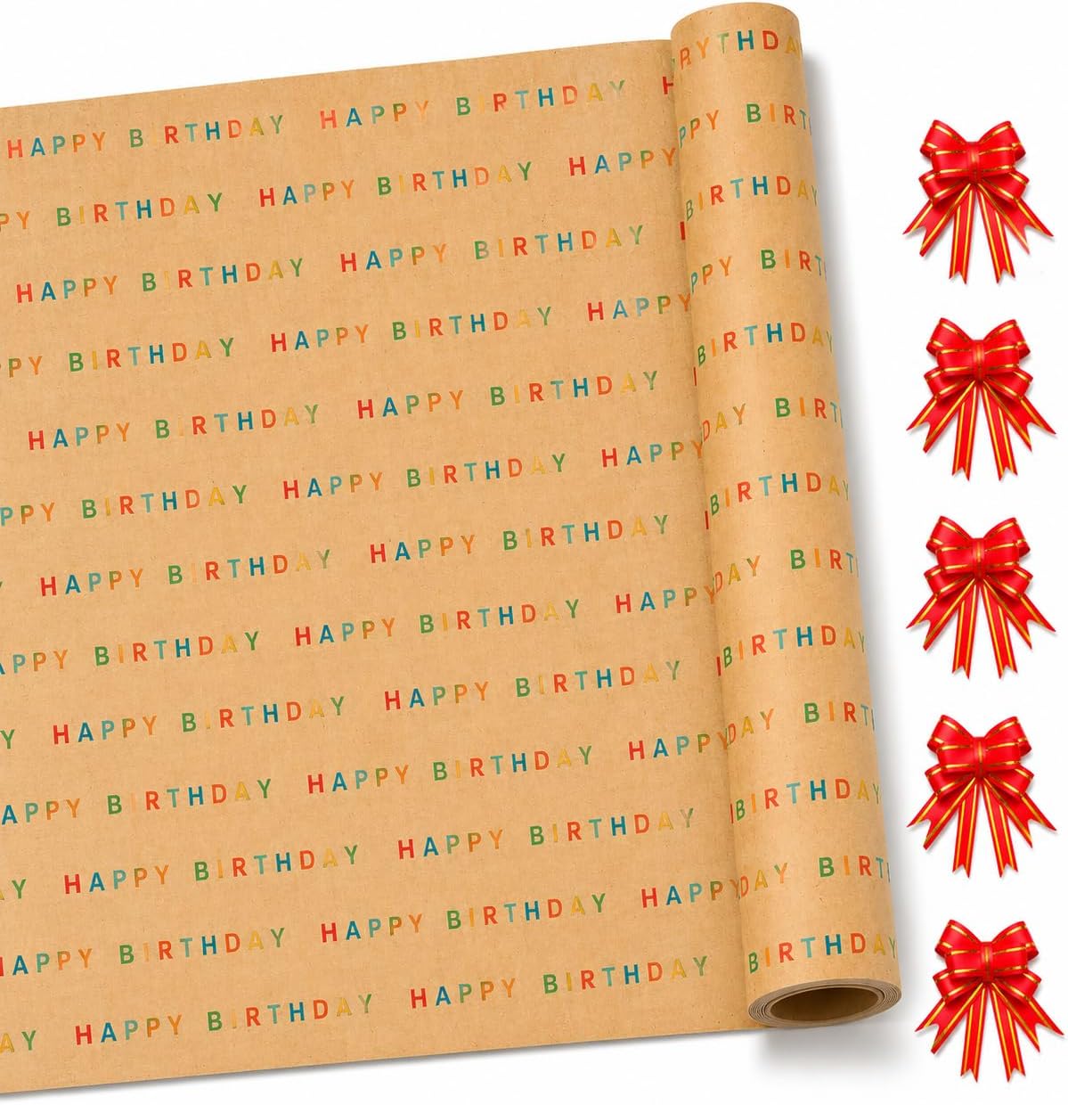 HURUC Happy Birthday Wrapping Paper Roll 43cm x 25m with 5 Red Pull Bows