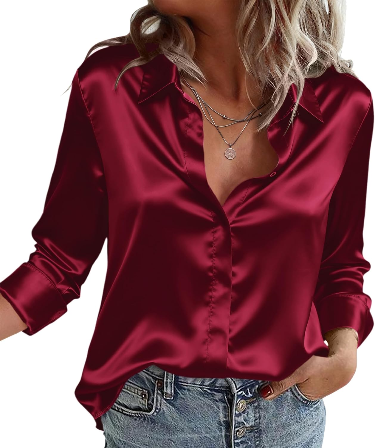Thumbnail 6 de Zeagoo Satin Bluse Damen mit V-Ausschnitt
