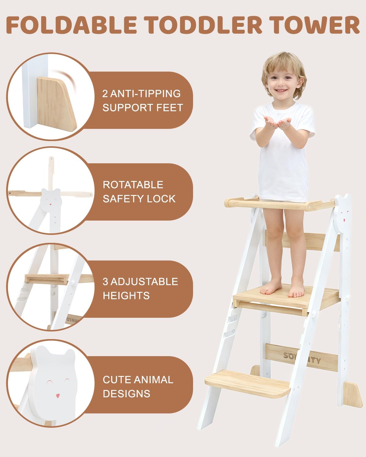 Detalle 2 de SOINMTY WJ03003-WT Wooden Toddler Tower, 3 Heights, Foldable, White