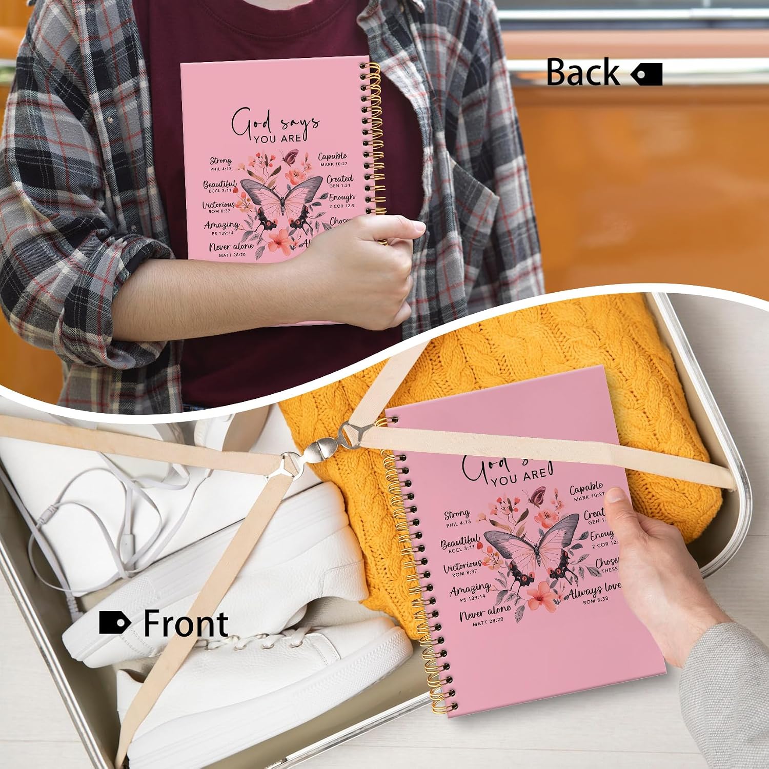 Detalle de huester Inspirational Christian Butterfly Spiral Notebook, Pink Hardcover, 5.5 x 8.3 in