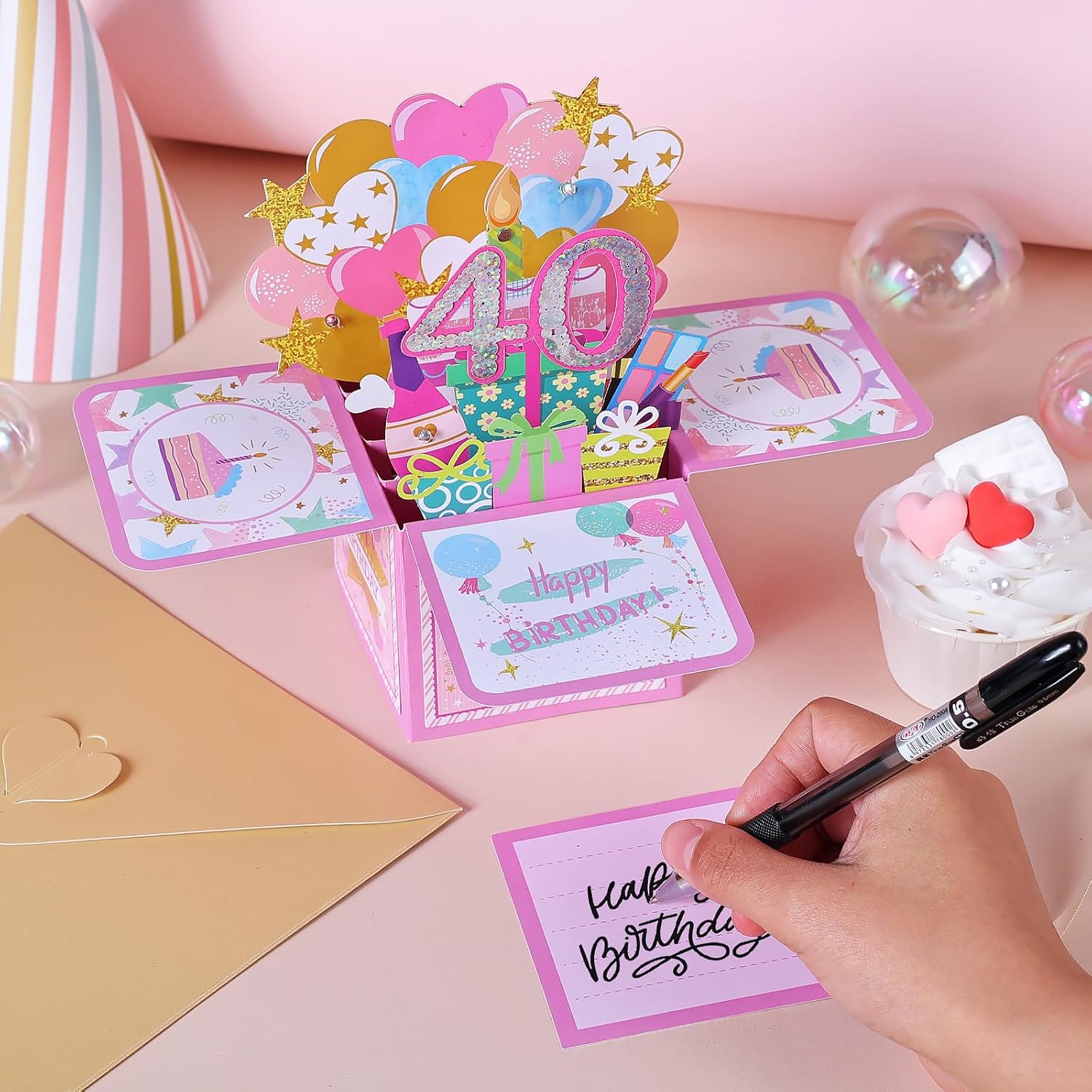 Detalle 2 de Joyoldelf Biglietto Auguri Compleanno 40 Anni – Donna, 3D Musicale e Luce con design pop-up