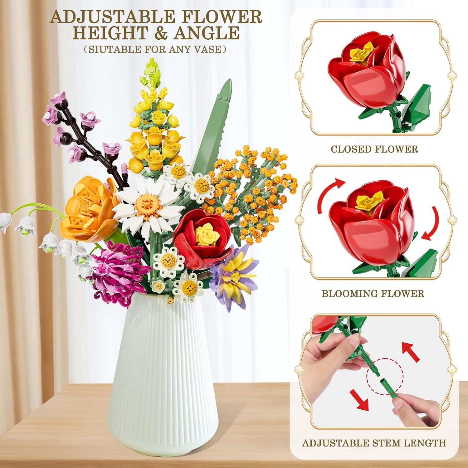 Detalle de Flowers Bouquet Building Sets for Adult – 1,070 PCS DIY artificial flower blocks kit with 10 flower types (No vase)