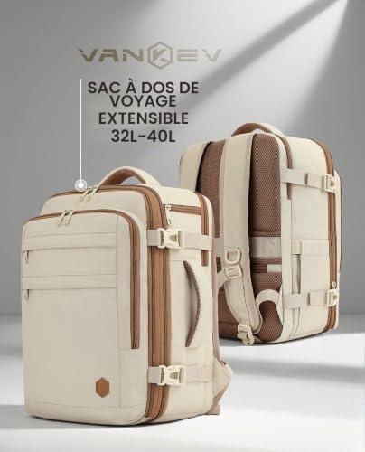 Thumbnail 7 de VANKEV Sac à dos cabine extensible 45 x 36 x 20 cm, 32 à 40 L, beige