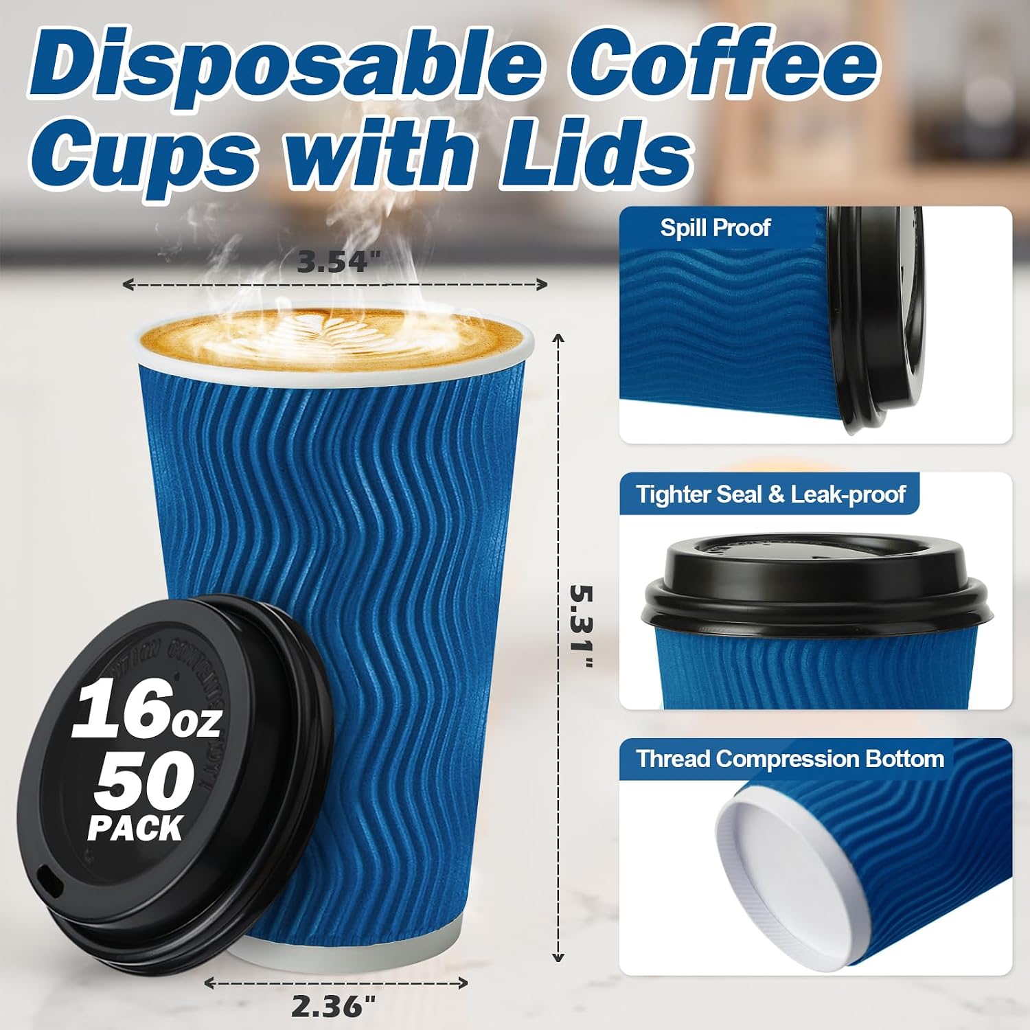 Detalle 2 de Huifany 16 oz Disposable Coffee Cups with Lids (50 Pack) – Navy, Insulated, Leak-Proof To-Go Cups
