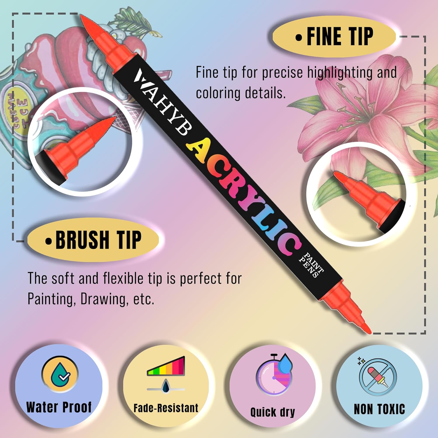 Thumbnail 2 de WAHYB 24 Colours Acrylic Paint Pens + 1 Colouring Book (Dual Tip Acrylic Brush Markers)
