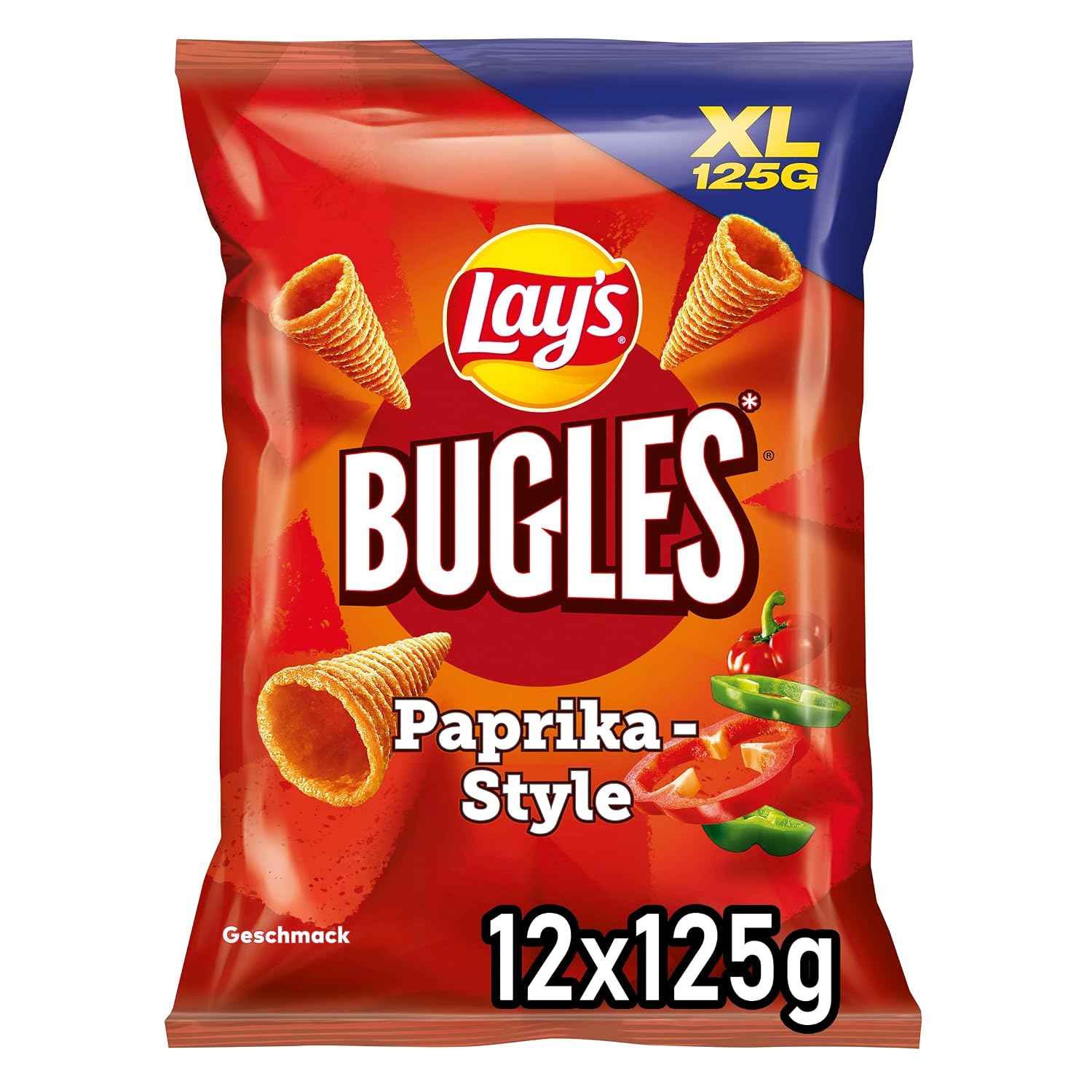 Detalle de Lay’s Bugles Paprika – herzafter Mais-Snack mit Paprika-Geschmack (12 x 125 g)