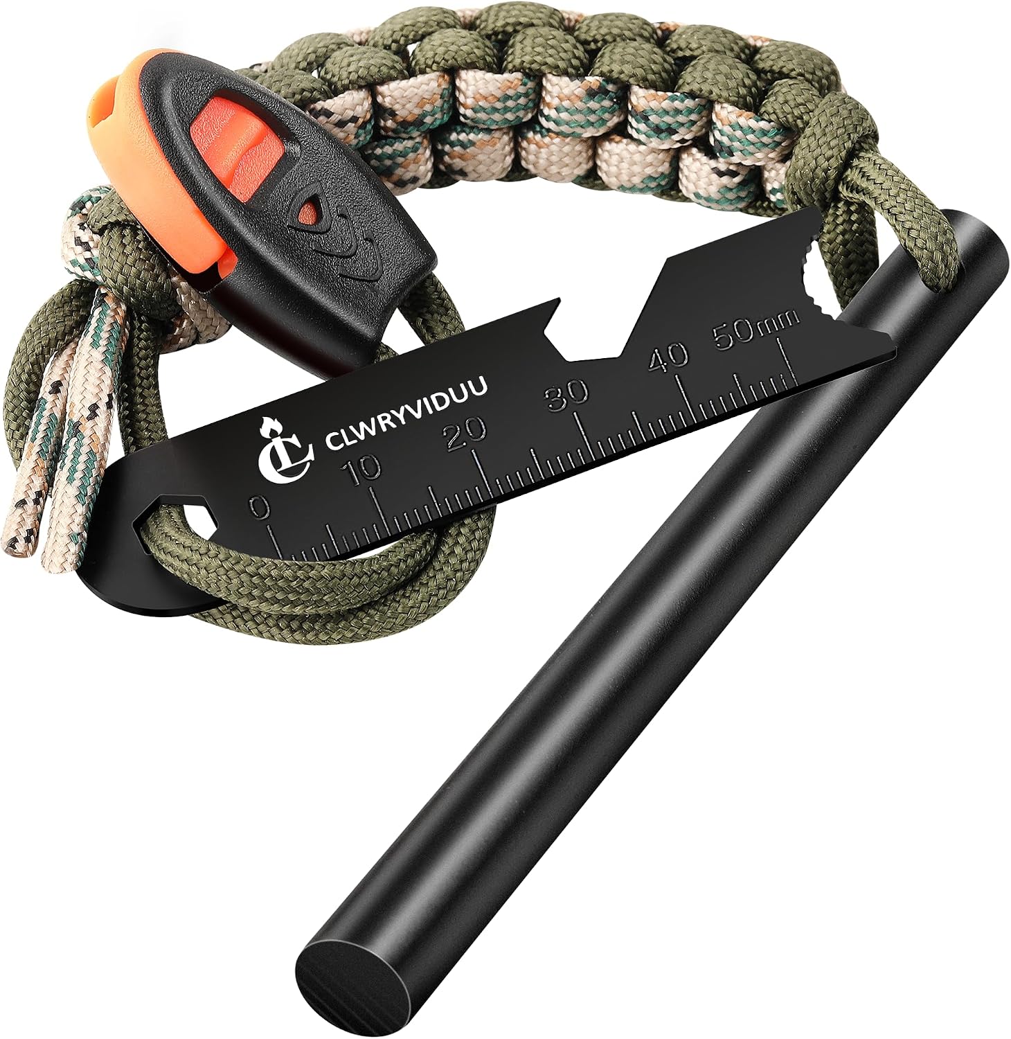 Clwryviduu P_Ferro_Rod_01 Ferro Rod Fire Starter with Paracord and Whistle
