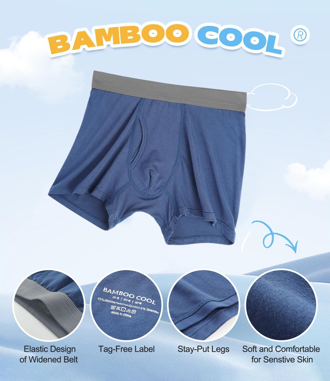 Detalle de BAMBOO COOL Boys' Boxer Briefs 6-18Y: Tagless, Moisture-Wicking Comfort in a 6-Pack