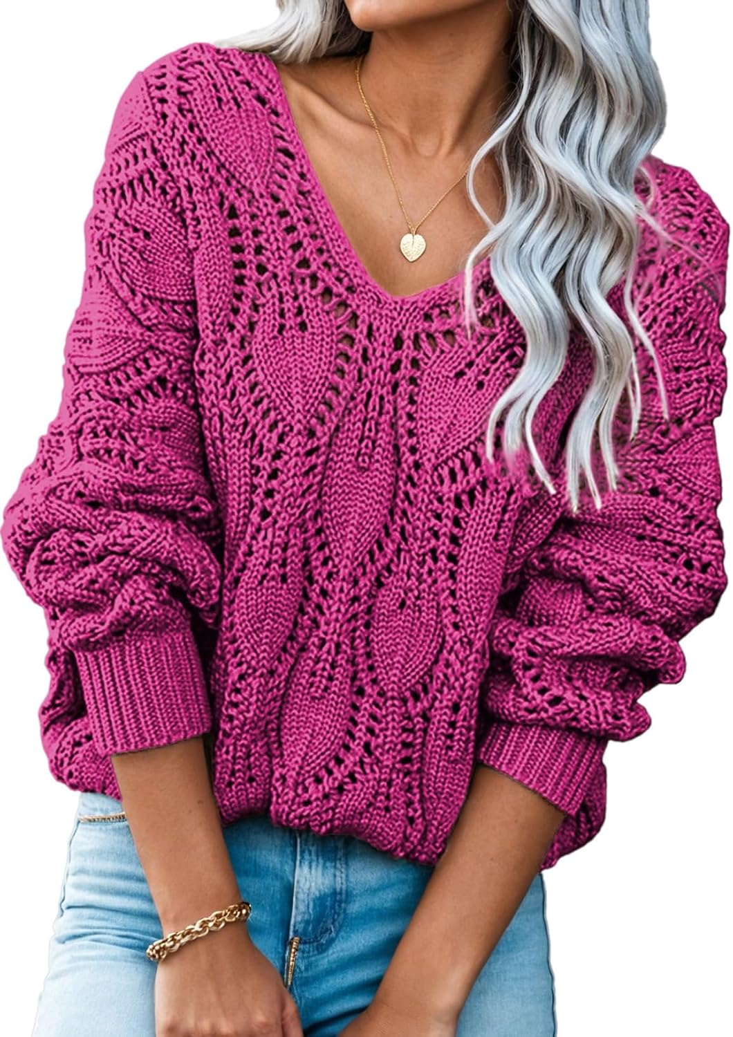 Thumbnail 6 de Dokotoo Women's V-Neck Crochet Sweater, Long-Sleeve Open-Knit Pullover
