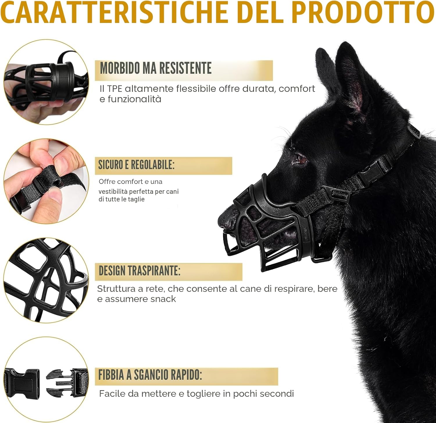 Detalle de OneTigris Museruola per cani: museruola morbida in mesh TPE, regolabile per taglie medio/grandi