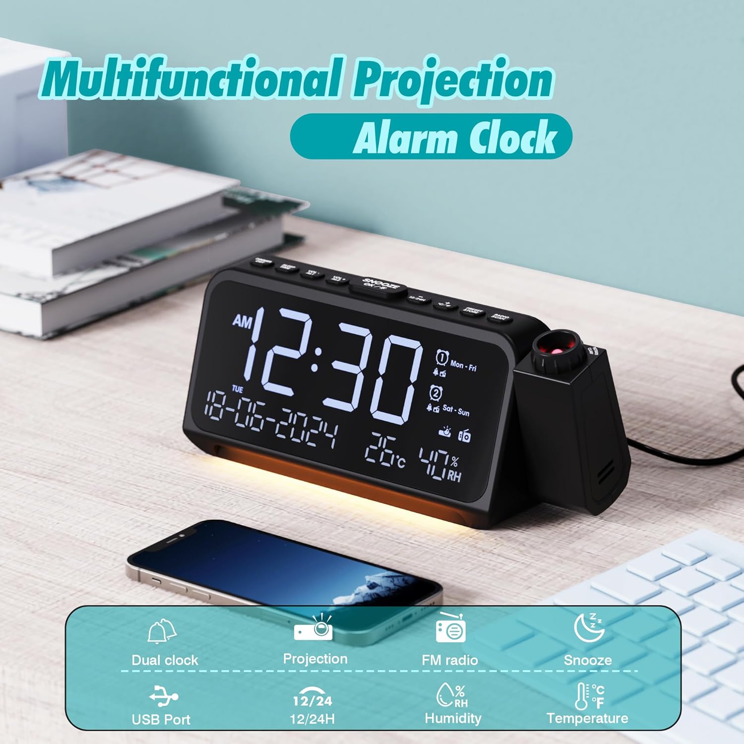Detalle 2 de Mesqool Despertador Proyector 320°