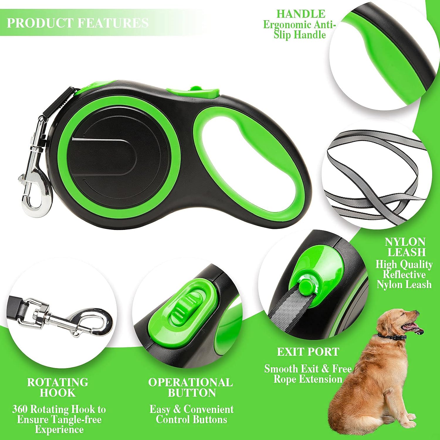 Detalle de Extendable Dog Lead with Tangle-Free Retractable Tape – Anti-Slip Handle (3m/5m/8m) in Green