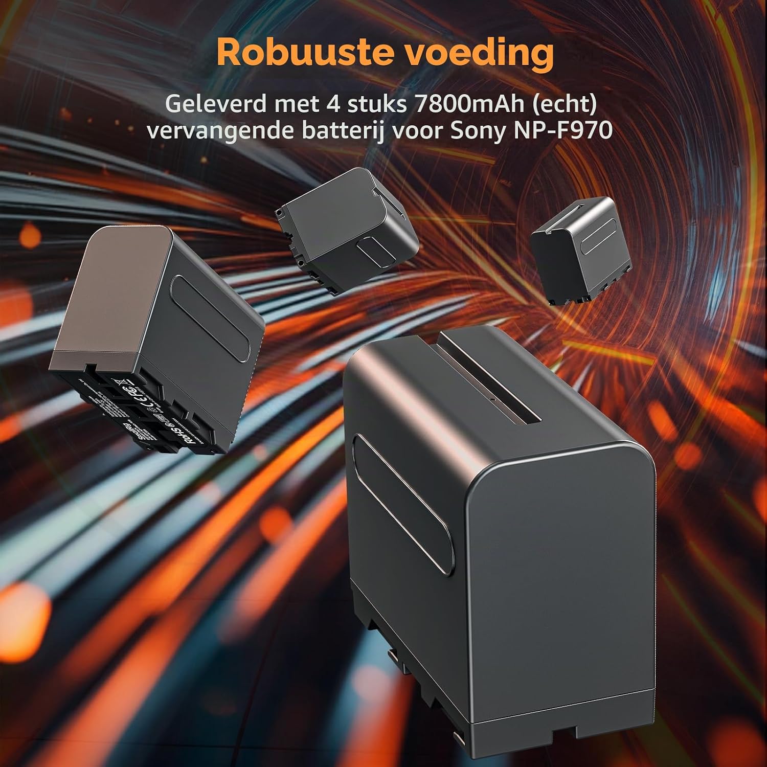 Detalle de SMALLRIG 4834 4-kanaals acculader met OLED, PD 100 W en vier NP-F970-accu's