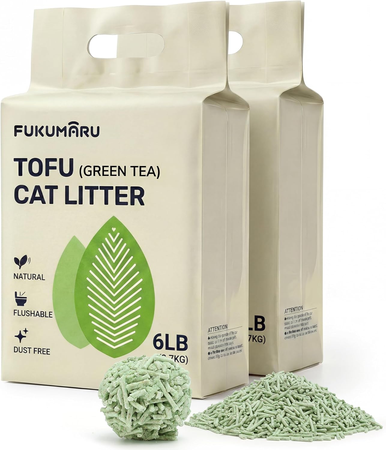 Detalle de FUKUMARU Tofu Cat Litter (Clumping, Green Tea Odour Control) – Flushable, Dust-Free, 2.7kg x 2 bags