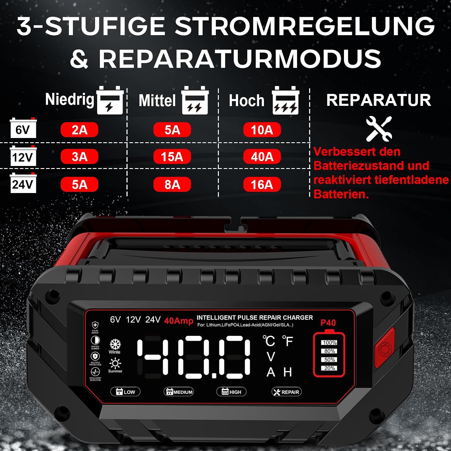 Thumbnail 2 de 40A Autobatterie Ladegerät – 6V/12V/24V LiFePO4 Ladegerät für Auto, Motorrad, Boot und mehr