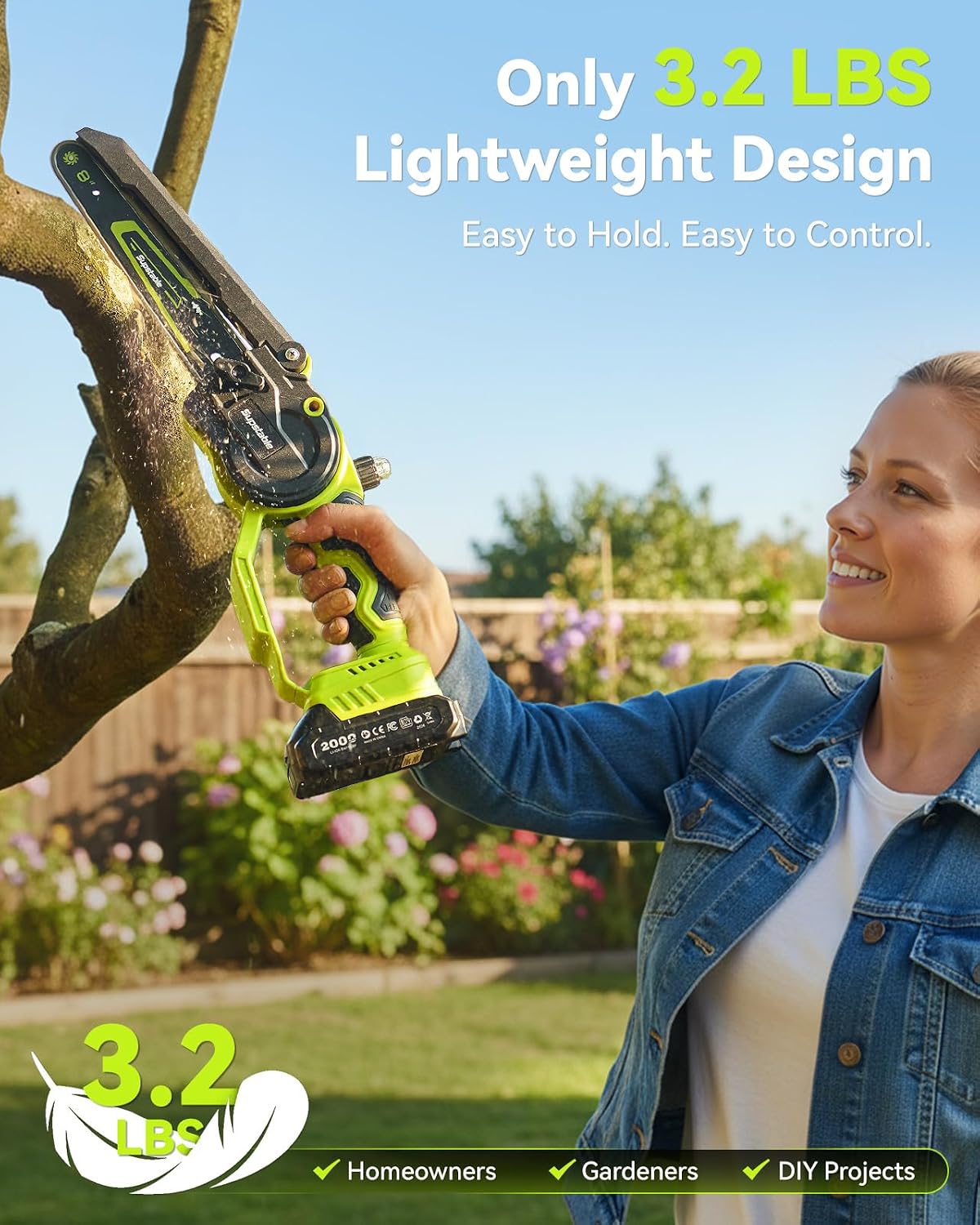 Detalle de Supstable BL-168 Cordless Mini Chainsaw, 6- and 8-Inch Bars, 1000W Brushless Motor