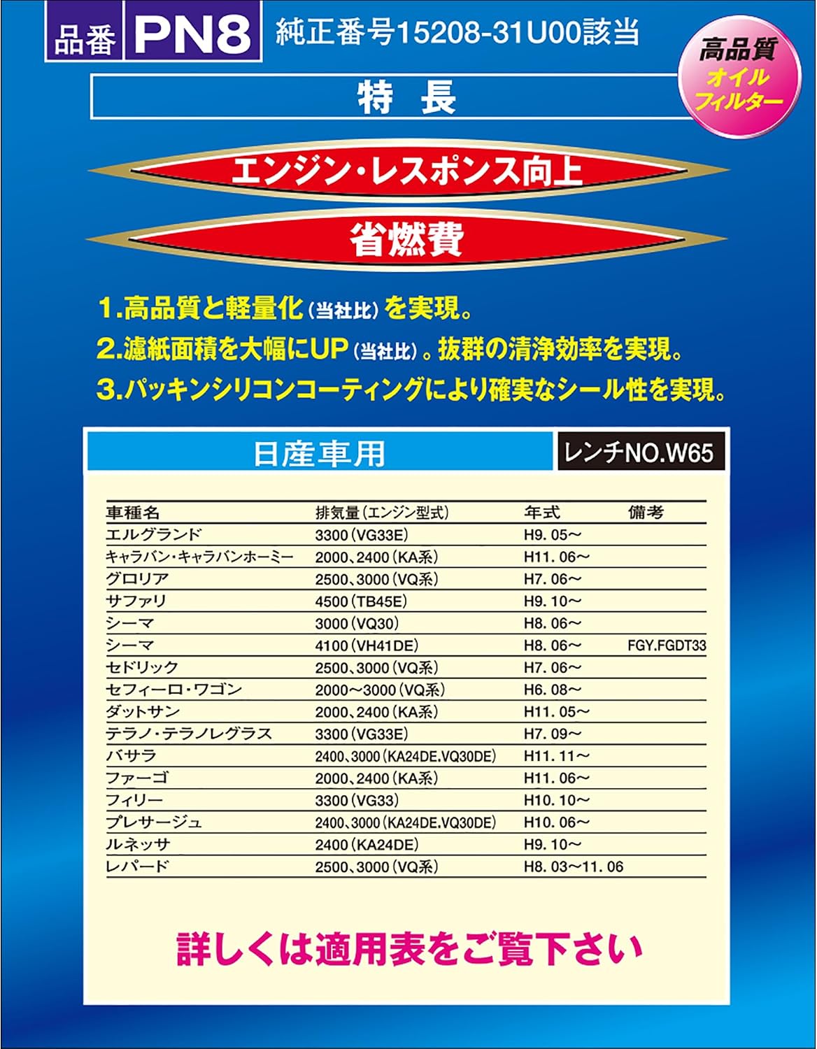Thumbnail 3 de PIAA PN8 車用オイルフィルター 日産車用・1個入り・純正品番15208-31U00