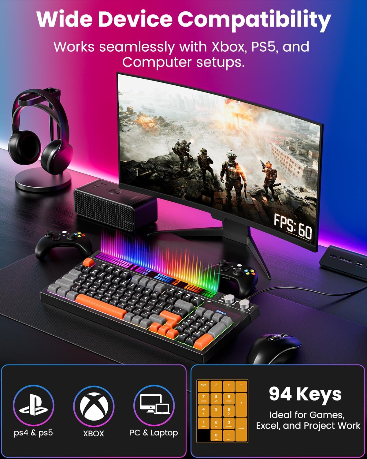 Detalle 2 de SABLUTE Keyboard Gaming — Audio-Sync RGB Light Strip, 19-Key Anti-Ghosting, Dual Control Knobs